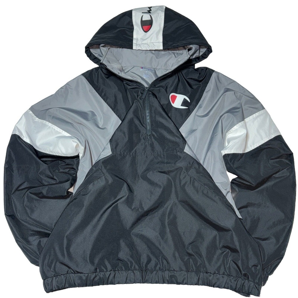 Champion Y2K Stadium Jacket Mens XL Black Packable Windbreaker Light 1/2 Zip 90s
